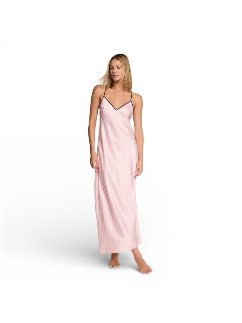 Pink Striped Long Slip Nightgown with Contrast Trim from VS
